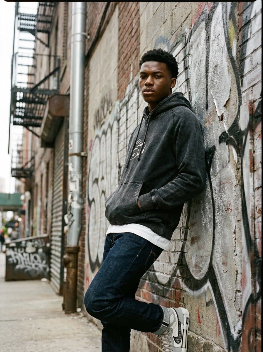 Chase Bands model in washed black hoodie, city alley