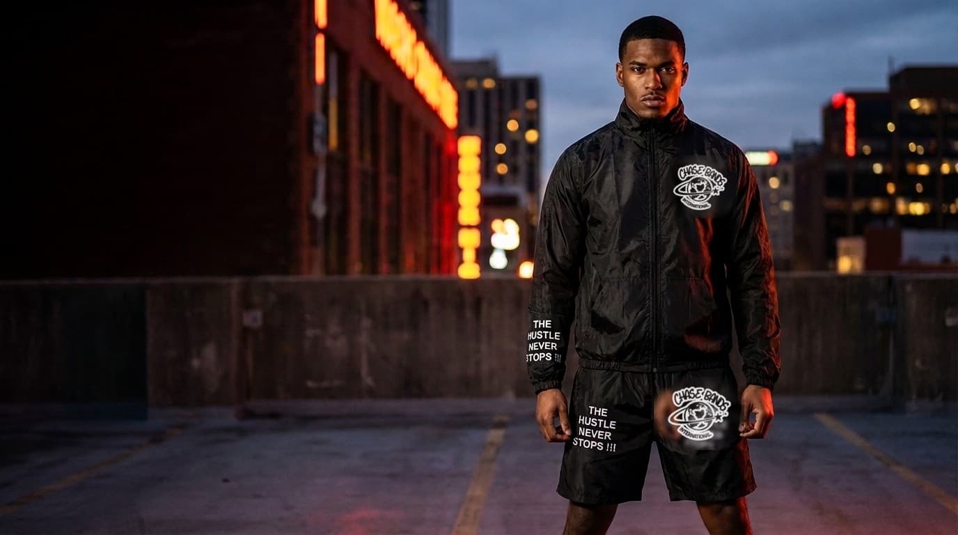 Chase Bands International windbreaker campaign, rooftop at night