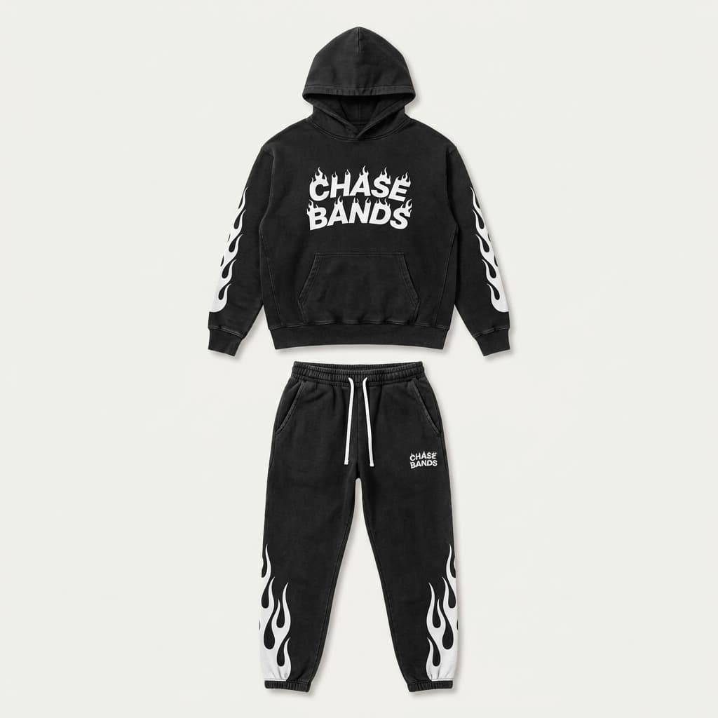 Flame Set hooded sweatshirt and sweatpants, black with white flame graphic and Chase Bands logo